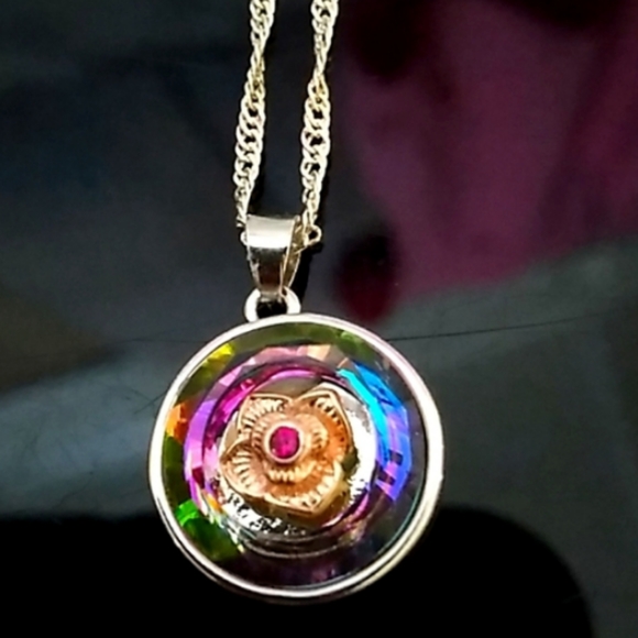 Austrian Crystal Rainbow Engraved Disc Pendant 18k WhiteGold Necklace - Picture 10 of 14